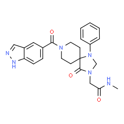 ChemSpider 2D Image | 2-[8-(1H-Indazol-5-ylcarbonyl)-4-oxo-1-phenyl-1,3,8-triazaspiro[4.5]dec-3-yl]-N-methylacetamide | C24H26N6O3