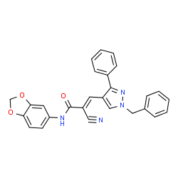 ChemSpider 2D Image | (2E)-N-(1,3-Benzodioxol-5-yl)-3-(1-benzyl-3-phenyl-1H-pyrazol-4-yl)-2-cyanoacrylamide | C27H20N4O3