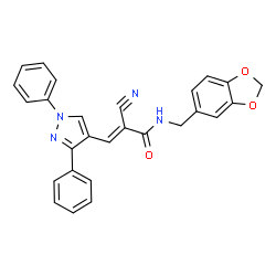 ChemSpider 2D Image | (2E)-N-(1,3-Benzodioxol-5-ylmethyl)-2-cyano-3-(1,3-diphenyl-1H-pyrazol-4-yl)acrylamide | C27H20N4O3