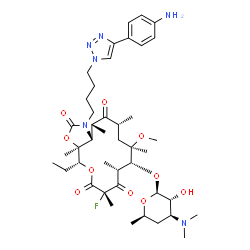 ChemSpider 2D Image | (3aS,4R,7S,9R,10R,11R,13R,15R,15aR)-1-{4-[4-(4-Aminophenyl)-1H-1,2,3-triazol-1-yl]butyl}-4-ethyl-7-fluoro-11-methoxy-3a,7,9,11,13,15-hexamethyl-2,6,8,14-tetraoxotetradecahydro-2H-oxacyclotetradecino[4
,3-d][1,3]oxazol-10-yl 3,4,6-trideoxy-3-(dimethylamino)-beta-D-xylo-hexopyranoside | C43H65FN6O10