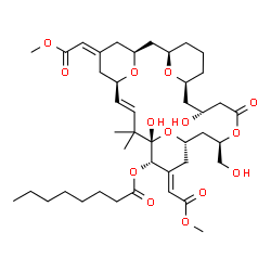 ChemSpider 2D Image | (1R,3S,5Z,7R,8E,11S,12S,13E,15S,17R,21R,23S)-11,21-Dihydroxy-17-(hydroxymethyl)-5,13-bis(2-methoxy-2-oxoethylidene)-10,10-dimethyl-19-oxo-18,27,28,29-tetraoxatetracyclo[21.3.1.1~3,7~.1~11,15~]nonacos-
8-en-12-yl octanoate | C42H64O14