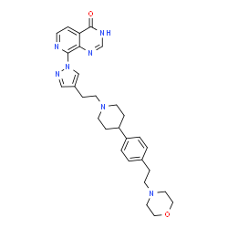 ChemSpider 2D Image | 8-{4-[2-(4-{4-[2-(4-Morpholinyl)ethyl]phenyl}-1-piperidinyl)ethyl]-1H-pyrazol-1-yl}pyrido[3,4-d]pyrimidin-4(3H)-one | C29H35N7O2