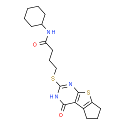 ChemSpider 2D Image | N-Cyclohexyl-4-[(4-oxo-3,5,6,7-tetrahydro-4H-cyclopenta[4,5]thieno[2,3-d]pyrimidin-2-yl)sulfanyl]butanamide | C19H25N3O2S2