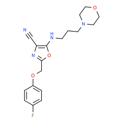 ChemSpider 2D Image | 2-[(4-Fluorophenoxy)methyl]-5-{[3-(4-morpholinyl)propyl]amino}-1,3-oxazole-4-carbonitrile | C18H21FN4O3