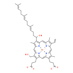 ChemSpider 2D Image | [3,3'-{3-(Hydroxymethyl)-8-[(4E,8E)-1-hydroxy-5,9,13-trimethyl-4,8,12-tetradecatrien-1-yl]-7,12,17-trimethyl-13-vinyl-2,18-porphyrindiyl-kappa~4~N~21~,N~22~,N~23~,N~24~}dipropanoato(4-)]ferrate(2-) | C49H56FeN4O6