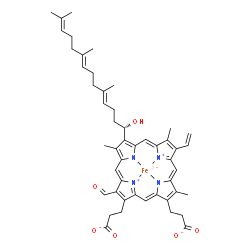 ChemSpider 2D Image | [3,3'-{3-Formyl-8-[(1S,4E,8E)-1-hydroxy-5,9,13-trimethyl-4,8,12-tetradecatrien-1-yl]-7,12,17-trimethyl-13-vinyl-2,18-porphyrindiyl-kappa~4~N~21~,N~22~,N~23~,N~24~}dipropanoato(4-)]ferrate(2-) | C49H54FeN4O6