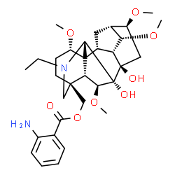 ChemSpider 2D Image | [(1alpha,6beta,14alpha,16beta,17R)-20-Ethyl-7,8-dihydroxy-1,6,14,16-tetramethoxyaconitan-4-yl]methyl 2-aminobenzoate | C32H46N2O8