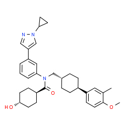 ChemSpider 2D Image | trans-N-[3-(1-Cyclopropyl-1H-pyrazol-4-yl)phenyl]-4-hydroxy-N-{[trans-4-(4-methoxy-3-methylphenyl)cyclohexyl]methyl}cyclohexanecarboxamide | C34H43N3O3