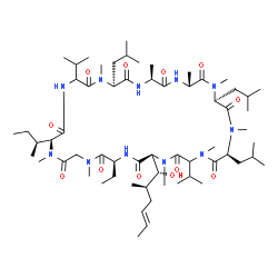 ChemSpider 2D Image | (6S,9S,12R,15S,18S,24S,30S,33S)-24-[(2S)-2-Butanyl]-30-ethyl-33-[(1R,2R,4E)-1-hydroxy-2-methyl-4-hexen-1-yl]-6,9,18-triisobutyl-3,21-diisopropyl-1,4,7,10,12,15,19,25,28-nonamethyl-1,4,7,10,13,16,19,22
,25,28,31-undecaazacyclotritriacontane-2,5,8,11,14,17,20,23,26,29,32-undecone | C62H111N11O12