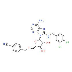 ChemSpider 2D Image | 9-[5-O-(4-Cyanobenzyl)-beta-D-xylofuranosyl]-N~8~-(3,4-dichlorobenzyl)-9H-purine-6,8-diamine | C25H23Cl2N7O4