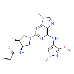 ChemSpider 2D Image | N-[(3R,4S)-4-Fluoro-1-{6-[(3-methoxy-1-methyl-1H-pyrazol-4-yl)amino]-9-methyl-9H-purin-2-yl}-3-pyrrolidinyl]acrylamide | C18H22FN9O2