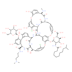 ChemSpider 2D Image | (1S,2R,19R,22R,34S,37R,40R,52R)-5,32-Dichloro-52-{[3-(dimethylamino)propyl]carbamoyl}-2,26,31,44,49-pentahydroxy-22-(methylamino)-21,35,38,54,56,59-hexaoxo-47-(alpha-D-talopyranosyloxy)-7,13,28-trioxa
-20,36,39,53,55,58-hexaazaundecacyclo[38.14.2.2~3,6~.2~14,17~.2~19,34~.1~8,12~.1~23,27~.1~29,33~.1~41,45~.0~10,37~.0~46,51~]hexahexaconta-3,5,8(64),9,11,14,16,23(61),24,26,29(60),30,32,41(57),42,44,46
,48,50,62,65-henicosaen-64-yl 2-deoxy-2-[(10-methylundecanoyl)amino]-beta-D-mannopyranosiduronic acid | C88H100Cl2N10O28