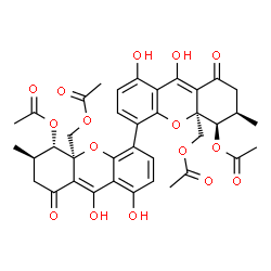 ChemSpider 2D Image | [(5R,5'S,6R,6'R,10aR,10a'R)-5,5'-Diacetoxy-1,1',9,9'-tetrahydroxy-6,6'-dimethyl-8,8'-dioxo-5,5',6,6',7,7',8,8'-octahydro-10aH,10a'H-4,4'-bixanthene-10a,10a'-diyl]bis(methylene) diacetate | C38H38O16