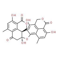 ChemSpider 2D Image | (5aS,13bR)-1,5a,9,13-Tetrahydroxy-3,7-dimethyl-5,5a-dihydro-4H,10H,12H,16H-benzo[de]benzo[4',5']isochromeno[8a',8':4,5]furo[2,3-g]isochromene-4,10,16-trione | C26H18O10