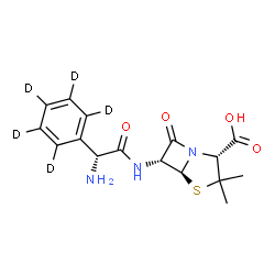 ChemSpider 2D Image | (2R,5S,6R)-6-{[(2R)-2-Amino-2-(~2~H_5_)phenylacetyl]amino}-3,3-dimethyl-7-oxo-4-thia-1-azabicyclo[3.2.0]heptane-2-carboxylic acid | C16H14D5N3O4S