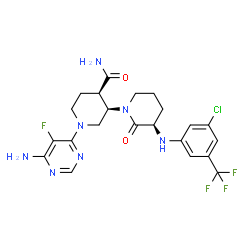 ChemSpider 2D Image | (3R,3'R,4'R)-1'-(6-Amino-5-fluoro-4-pyrimidinyl)-3-{[3-chloro-5-(trifluoromethyl)phenyl]amino}-2-oxo-1,3'-bipiperidine-4'-carboxamide | C22H24ClF4N7O2