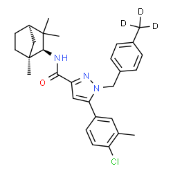 ChemSpider 2D Image | 5-(4-Chloro-3-methylphenyl)-1-[4-(~2~H_3_)methylbenzyl]-N-[(1S,2S,4R)-1,3,3-trimethylbicyclo[2.2.1]hept-2-yl]-1H-pyrazole-3-carboxamide | C29H31D3ClN3O