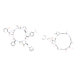 ChemSpider 2D Image | N-{(6R,9S,10R,13S,18R,22S,24aS)-18-{[(3S)-1-Azabicyclo[2.2.2]oct-3-ylsulfanyl]methyl}-22-[4-(dimethylamino)benzyl]-6-ethyl-10,23-dimethyl-5,8,12,15,17,21,24-heptaoxo-13-phenyldocosahydro-12H-pyrido[2,
1-f]pyrrolo[2,1-l][1,4,7,10,13,16]oxapentaazacyclononadecin-9-yl}-3-hydroxy-2-pyridinecarboxamide - (6R,7S,10R,11R,12Z,17Z,21S)-6-{[2-(diethylamino)ethyl]sulfonyl}-21-hydroxy-10-isopropyl-11,19-dimeth
yl-9,26-dioxa-3,15,28-triazatricyclo[23.2.1.0~3,7~]octacosa-1(27),12,17,19,25(28)-pentaene-2,8,14,23-tetrone (1:1) | C87H117N13O19S2