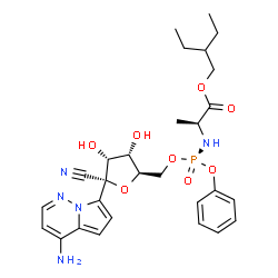 ChemSpider 2D Image | 2-ethylbutyl (2S)-2-{[(S)-[(2R,3S,4R,5R)-5-{4-aminopyrrolo[1,2-b]pyridazin-7-yl}-5-cyano-3,4-dihydroxyoxolan-2-yl]methoxy(phenoxy)phosphoryl]amino}propanoate | C28H36N5O8P