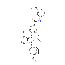 ChemSpider 2D Image | 5-[8-Amino-1-(2-ethoxy-4-{[4-(trifluoromethyl)-2-pyridinyl]carbamoyl}phenyl)imidazo[1,5-a]pyrazin-3-yl]bicyclo[3.2.2]nonane-1-carboxylic acid | C31H31F3N6O4