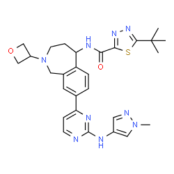 ChemSpider 2D Image | 5-(2-Methyl-2-propanyl)-N-[8-{2-[(1-methyl-1H-pyrazol-4-yl)amino]-4-pyrimidinyl}-2-(3-oxetanyl)-2,3,4,5-tetrahydro-1H-2-benzazepin-5-yl]-1,3,4-thiadiazole-2-carboxamide | C28H33N9O2S