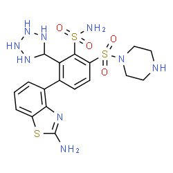 ChemSpider 2D Image | 3-(2-Amino-1,3-benzothiazol-4-yl)-6-(1-piperazinylsulfonyl)-2-(5-tetrazolidinyl)benzenesulfonamide | C18H23N9O4S3