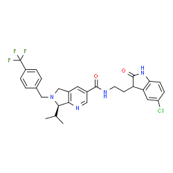 ChemSpider 2D Image | (7R)-N-[2-(5-Chloro-2-oxo-2,3-dihydro-1H-indol-3-yl)ethyl]-7-isopropyl-6-[4-(trifluoromethyl)benzyl]-6,7-dihydro-5H-pyrrolo[3,4-b]pyridine-3-carboxamide | C29H28ClF3N4O2