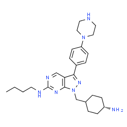 ChemSpider 2D Image | 1-[(4-Aminocyclohexyl)methyl]-N-butyl-3-[4-(1-piperazinyl)phenyl]-1H-pyrazolo[3,4-d]pyrimidin-6-amine | C26H38N8