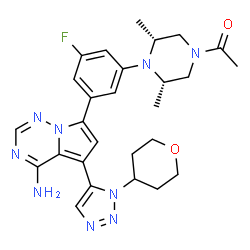 ChemSpider 2D Image | 1-[(3R,5S)-4-(3-{4-Amino-5-[1-(tetrahydro-2H-pyran-4-yl)-1H-1,2,3-triazol-5-yl]pyrrolo[2,1-f][1,2,4]triazin-7-yl}-5-fluorophenyl)-3,5-dimethyl-1-piperazinyl]ethanone | C27H32FN9O2