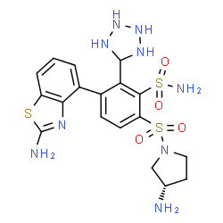 ChemSpider 2D Image | 3-(2-Amino-1,3-benzothiazol-4-yl)-6-{[(3S)-3-amino-1-pyrrolidinyl]sulfonyl}-2-(5-tetrazolidinyl)benzenesulfonamide | C18H23N9O4S3