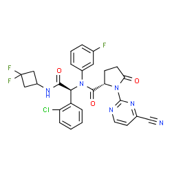 ChemSpider 2D Image | N-{(1S)-1-(2-Chlorophenyl)-2-[(3,3-difluorocyclobutyl)amino]-2-oxoethyl}-1-(4-cyano-2-pyrimidinyl)-N-(3-fluorophenyl)-5-oxo-L-prolinamide | C28H22ClF3N6O3