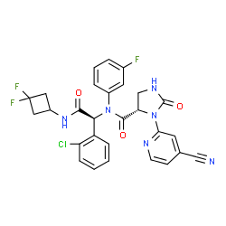ChemSpider 2D Image | (4S)-N-{(1S)-1-(2-Chlorophenyl)-2-[(3,3-difluorocyclobutyl)amino]-2-oxoethyl}-3-(4-cyano-2-pyridinyl)-N-(3-fluorophenyl)-2-oxo-4-imidazolidinecarboxamide | C28H22ClF3N6O3