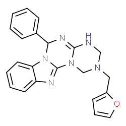 ChemSpider 2D Image | 2-(2-Furylmethyl)-6-phenyl-2,3,4,6-tetrahydro-1H-[1,3,5]triazino[1',2':3,4][1,3,5]triazino[1,2-a]benzimidazole | C22H20N6O