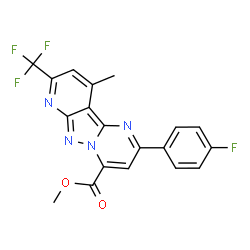 ChemSpider 2D Image | Methyl 2-(4-fluorophenyl)-10-methyl-8-(trifluoromethyl)pyrido[2',3':3,4]pyrazolo[1,5-a]pyrimidine-4-carboxylate | C19H12F4N4O2