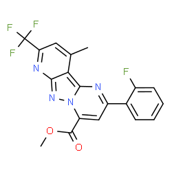 ChemSpider 2D Image | Methyl 2-(2-fluorophenyl)-10-methyl-8-(trifluoromethyl)pyrido[2',3':3,4]pyrazolo[1,5-a]pyrimidine-4-carboxylate | C19H12F4N4O2