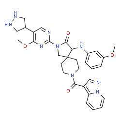 ChemSpider 2D Image | 4-[(3-Methoxyphenyl)amino]-2-[4-methoxy-5-(4-pyrazolidinyl)-2-pyrimidinyl]-8-(pyrazolo[1,5-a]pyridin-3-ylcarbonyl)-2,8-diazaspiro[4.5]decan-3-one | C31H35N9O4