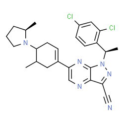ChemSpider 2D Image | 1-[(1R)-1-(2,4-Dichlorophenyl)ethyl]-6-{5-methyl-4-[(2R)-2-methyl-1-pyrrolidinyl]-1-cyclohexen-1-yl}-1H-pyrazolo[3,4-b]pyrazine-3-carbonitrile | C26H28Cl2N6