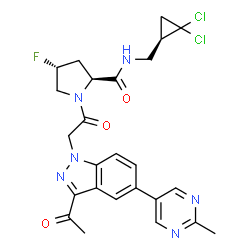 ChemSpider 2D Image | (4R)-1-{[3-Acetyl-5-(2-methyl-5-pyrimidinyl)-1H-indazol-1-yl]acetyl}-N-{[(1R)-2,2-dichlorocyclopropyl]methyl}-4-fluoro-L-prolinamide | C25H25Cl2FN6O3