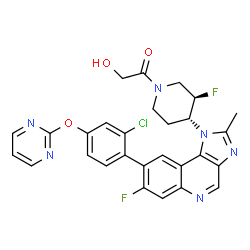 ChemSpider 2D Image | 1-[(3R,4R)-4-{8-[2-Chloro-4-(2-pyrimidinyloxy)phenyl]-7-fluoro-2-methyl-1H-imidazo[4,5-c]quinolin-1-yl}-3-fluoro-1-piperidinyl]-2-hydroxyethanone | C28H23ClF2N6O3