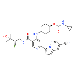 ChemSpider 2D Image | trans-4-{[2-(3-Cyanopyrrolo[1,2-b]pyridazin-7-yl)-5-{[(2R)-2-fluoro-3-hydroxy-3-methylbutyl]carbamoyl}-4-pyridinyl]amino}cyclohexyl cyclopropylcarbamate | C29H34FN7O4