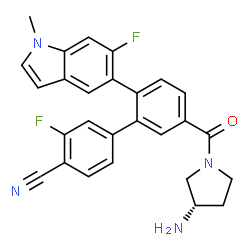 ChemSpider 2D Image | 5'-{[(3S)-3-Amino-1-pyrrolidinyl]carbonyl}-3-fluoro-2'-(6-fluoro-1-methyl-1H-indol-5-yl)-4-biphenylcarbonitrile | C27H22F2N4O