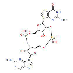 ChemSpider 2D Image | 2-Amino-9-[(1R,6R,8R,9R,10S,15R,17R,18R)-8-(2-amino-9H-purin-9-yl)-3,9,12,18-tetrahydroxy-3,12-dioxido-2,4,7,11,13,16-hexaoxa-3,12-diphosphatricyclo[13.2.1.0~6,10~]octadec-17-yl]-1,9-dihydro-6H-purin-
6-one | C20H24N10O13P2