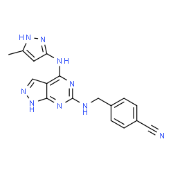 ChemSpider 2D Image | 4-[({4-[(5-Methyl-1H-pyrazol-3-yl)amino]-1H-pyrazolo[3,4-d]pyrimidin-6-yl}amino)methyl]benzonitrile | C17H15N9