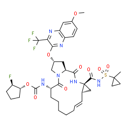 ChemSpider 2D Image | (1R,2R)-2-Fluorocyclopentyl [(2R,6S,12E,13aS,14aR,16aS)-2-{[6-methoxy-3-(trifluoromethyl)-2-quinoxalinyl]oxy}-14a-{[(1-methylcyclopropyl)sulfonyl]carbamoyl}-5,16-dioxo-1,2,3,5,6,7,8,9,10,11,13a,14,14a
,15,16,16a-hexadecahydrocyclopropa[e]pyrrolo[1,2-a][1,4]diazacyclopentadecin-6-yl]carbamate | C38H46F4N6O9S