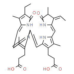 ChemSpider 2D Image | 3-[2-[(E)-[3-(2-carboxyethyl)-5-[(Z)-(4-ethyl-3-methyl-5-oxo-pyrrol-2-ylidene)methyl]-4-methyl-pyrrol-2-ylidene]methyl]-5-[(Z)-[(3Z)-3-ethylidene-4-methyl-5-oxo-pyrrolidin-2-ylidene]methyl]-4-methyl-1H-pyrrol-3-yl]propanoic acid | C33H38N4O6