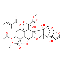 ChemSpider 2D Image | Dimethyl 23-acetoxy-4,7,14-trihydroxy-6,16-dimethyl-25-{[(2E)-2-methyl-2-butenoyl]oxy}-3,9,11,17,20-pentaoxaoctacyclo[17.6.1.1~8,15~.0~1,5~.0~6,18~.0~7,16~.0~10,14~.0~22,26~]heptacos-12-ene-4,22-dicar
boxylate | C35H44O16