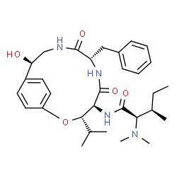 ChemSpider 2D Image | N-[(3S,4S,7S,11R)-7-Benzyl-11-hydroxy-3-isopropyl-5,8-dioxo-2-oxa-6,9-diazabicyclo[10.2.2]hexadeca-1(14),12,15-trien-4-yl]-N~2~,N~2~-dimethyl-D-isoleucinamide | C31H44N4O5