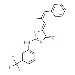 ChemSpider 2D Image | (5Z)-5-[(2Z)-2-Methyl-3-phenyl-2-propen-1-ylidene]-2-{[3-(trifluoromethyl)phenyl]amino}-1,3-thiazol-4(5H)-one | C20H15F3N2OS
