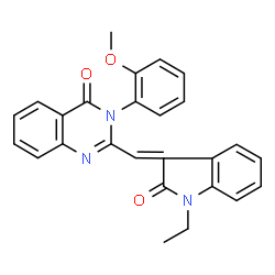 ChemSpider 2D Image | 2-[(E)-(1-Ethyl-2-oxo-1,2-dihydro-3H-indol-3-ylidene)methyl]-3-(2-methoxyphenyl)-4(3H)-quinazolinone | C26H21N3O3