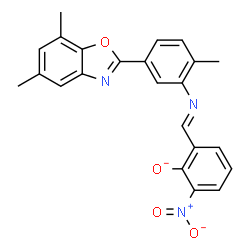 ChemSpider 2D Image | 2-[(E)-{[5-(5,7-Dimethyl-1,3-benzoxazol-2-yl)-2-methylphenyl]imino}methyl]-6-nitrophenolate | C23H18N3O4